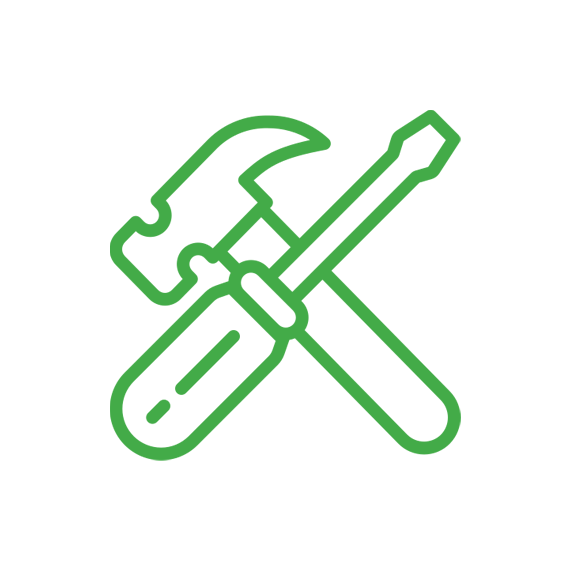 A green outline of a hammer and wrench crossed over each other on a white background, symbolizing the precision and care akin to a Kansas City cleaning service.